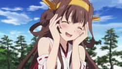 Rule 34 | 10s, 1girl, ahoge, animated, animated gif, blush, brown hair, daydream, detached sleeves, hair bun, hands on own cheeks, hands on own face, headgear, japanese clothes, kantai collection, kantai collection (anime), kongou (kancolle), long hair, ribbon-trimmed sleeves, ribbon trim, screencap, single hair bun, solo