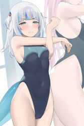 Rule 34 | 2girls, absurdres, bare arms, bare shoulders, blue eyes, blue hair, blue one-piece swimsuit, blunt bangs, blush, breasts, byeon dha, cameltoe, choppy bangs, clenched teeth, commentary, competition swimsuit, cross-body stretch, embarrassed, english commentary, fins, fish tail, gawr gura, grey hair, grimace, groin, hair ornament, highleg, highleg swimsuit, highres, hololive, hololive english, long hair, mori calliope, multicolored hair, multiple girls, one-piece swimsuit, original, paid reward available, petite, shark hair ornament, shark tail, sideboob, small breasts, solo focus, streaked hair, swimsuit, tail, teeth, two side up, virtual youtuber