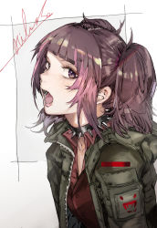 Rule 34 | 1girl, absurdres, bad id, bad pixiv id, black collar, brown shirt, brown vest, collar, collarbone, collared shirt, diagonal bangs, dress shirt, green jacket, grey background, highres, hiranko, idolmaster, idolmaster shiny colors, jacket, looking at viewer, open clothes, open jacket, open mouth, purple eyes, purple hair, shirt, signature, solo, spiked collar, spikes, tanaka mamimi, twintails, two-tone background, upper body, vest, white background