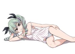 Rule 34 | 10s, 1girl, anchovy (girls und panzer), bare legs, bare shoulders, blush, breasts, brown eyes, chemise, cleavage, drill hair, girls und panzer, green hair, hair ribbon, hand on own cheek, hand on own face, hand on own thigh, head rest, hiroyuki, long hair, looking at viewer, lying, off shoulder, on side, panties, polka dot, ribbon, simple background, small breasts, solo, strap slip, striped clothes, striped panties, twin drills, twintails, underwear, white background