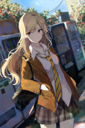 Rule 34 | 1girl, bag, blazer, blonde hair, blurry, blurry background, brown jacket, building, character request, closed mouth, collarbone, collared shirt, commentary request, cowboy shot, day, dress shirt, dutch angle, earrings, frown, genjitsu de lovecome dekinaito dare ga kimeta, hands in pockets, highres, jacket, jewelry, long hair, long sleeves, looking at viewer, necklace, necktie, open collar, outdoors, plaid, plaid skirt, pleated skirt, power lines, purple eyes, school bag, school uniform, shiina kuro, shirt, shoulder bag, skirt, solo, standing, striped necktie, striped neckwear, stud earrings, tree, untucked shirt, vending machine, white shirt, yellow necktie