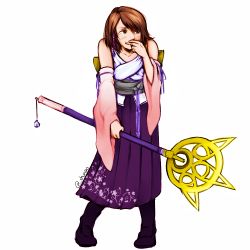 Rule 34 | 00s, 1girl, bare shoulders, bent over, blue eyes, brown hair, colorized, detached sleeves, final fantasy, final fantasy x, hair over one eye, hakama, hakama skirt, heterochromia, japanese clothes, joelyn lai, laughing, long skirt, lyn (shunao), priestess, short hair, skirt, solo, staff, swept bangs, wide sleeves, yuna, yuna (ff10)