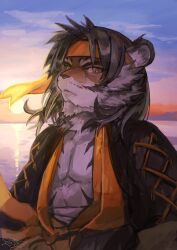 Rule 34 | 1boy, animal ears, arknights, artist logo, bandaged torso, bare pectorals, black hair, buchi0122, chinese clothes, dusk, facial hair, furry, furry male, goatee, headband, highres, huai tianpei (arknights), lake, looking at viewer, male focus, pectorals, sunset, tiger boy, tiger ears, tiger stripes, yellow headband
