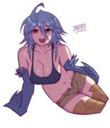 Rule 34 | 1girl, ahoge, alternate breast size, bare shoulders, blue hair, blue wings, breasts, commentary, feathered wings, feathers, freddyhalloween, harpy, large breasts, midriff, monster girl, monster musume no iru nichijou, navel, open mouth, papi (monster musume), scales, short shorts, shorts, simple background, solo, white background, winged arms, wings, yellow eyes