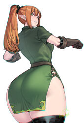 Rule 34 | 1girl, artist name, ass, ass focus, belt, black thighhighs, blush, breasts, curvy, dress, elbow gloves, elf, embarrassed, facing away, gloves, green dress, highres, huge ass, large breasts, long hair, looking back, orange hair, original, pointy ears, ponytail, side slit, signature, simple background, solo, spacezin, thick thighs, thighhighs, thighs, white background, wide hips