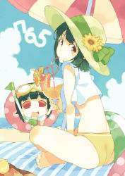 Rule 34 | 1girl, ass, back, bare legs, barefoot, beach, beach umbrella, bikini, black hair, blue sky, blush, brown eyes, character doll, chibi, cloud, commentary request, crazy straw, crop top, cup, day, diving mask, diving mask on head, drink, drinking, drinking glass, drinking straw, flower, food, from behind, fruit, glass, goggles, goggles on head, hat, hat flower, hat ribbon, heart straw, holding, idolmaster, idolmaster (classic), indian style, innertube, looking at viewer, looking back, mole, mole under mouth, ocean, open mouth, otonashi kotori, outdoors, piyopiyo, puchimasu!, ribbon, sand, short hair, sitting, sky, smile, solo, stuffed toy, sun hat, sunflower, swim ring, swimsuit, t-okada, umbrella, water, yellow bikini