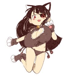 Rule 34 | 10s, 1girl, :3, alternate breast size, animal ears, animal hands, bell, black hair, blush stickers, bra, breasts, cat cutout, cat ears, cat lingerie, cat paws, choker, cleavage, cleavage cutout, clothing cutout, eyepatch, frilled bra, frills, huge breasts, inkerton-kun, long hair, looking at viewer, meme attire, mirai (senran kagura), neck bell, open mouth, oppai loli, red eyes, senran kagura, simple background, solo, thighs, underwear, underwear only, white background, white choker