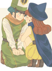 Rule 34 | 1boy, 1girl, alena (dq4), bad id, bad pixiv id, boots, breasts, brown hair, cape, clift, closed mouth, commentary request, curly hair, dragon quest, dragon quest iv, dress, earrings, hat, jewelry, long hair, miyama (kannsannn), no legwear, simple background, skirt, square enix, yellow skirt