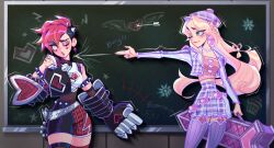 Rule 34 | 2girls, ;), bare shoulders, black hair, black shorts, blonde hair, blush, breasts, caitlyn (league of legends), chalkboard, clenched hand, crop top, cropped jacket, earrings, fishnets, gauntlets, green eyes, hairband, heart, heart earrings, heart tattoo, heartache vi, heartthrob caitlyn, highres, holding, jacket, jewelry, kazziethekat, large breasts, league of legends, long hair, looking at another, multiple girls, necklace, official alternate costume, one eye closed, open clothes, open jacket, plaid, plaid shorts, red eyes, red hair, red shorts, red thighhighs, short hair, shorts, shoulder tattoo, skirt, smile, spiked hairband, spikes, tattoo, teeth, thighhighs, vi (league of legends), yuri