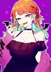 Rule 34 | 1girl, absurdres, aneco (westsea1227), bandaid, bandaid on shoulder, black choker, black dress, breasts, candy, choker, cleavage, colored inner hair, commentary, dress, earrings, fangs, feather earrings, feathers, food, green hair, highres, holding, holding candy, holding food, holding lollipop, hololive, hololive english, jewelry, lollipop, medium breasts, medium hair, multicolored hair, open mouth, orange hair, pink sweater, purple eyes, smile, solo, sparkle, sweater, symbol-only commentary, takanashi kiara, vampire (vocaloid), virtual youtuber, vocaloid