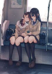 Rule 34 | 2girls, absurdres, bag, benevole, between legs, black hair, blue bow, blue bowtie, blue eyes, bow, bowtie, brown hair, buttons, closed eyes, closed mouth, collared shirt, dot nose, female focus, full body, hand between legs, head on another&#039;s shoulder, highres, holding, holding phone, light blush, light particles, long hair, long sleeves, multiple girls, original, parted lips, phone, pleated skirt, ponytail, red bow, red bowtie, school bag, school uniform, shirt, sidelocks, sitting, skirt, sweater, train interior, uniform, white shirt, window, yuri