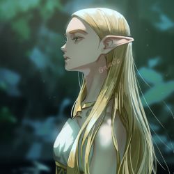 Rule 34 | 1girl, absurdres, bare shoulders, blonde hair, blurry, blurry background, breasts, depth of field, dress, elf, from side, green eyes, highres, lips, long hair, nintendo, parted bangs, parted lips, pointy ears, princess zelda, profile, small breasts, solo, teeth, tehwi, the legend of zelda, the legend of zelda: breath of the wild, upper body, white dress