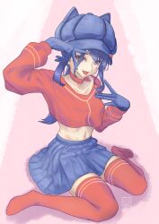 1girl :p absurdres animal_ear_headwear blue_eyes blue_gloves blue_hair blue_hat blue_skirt cabbie_hat choker commentary cool_mita_(miside) english_commentary fake_animal_ears gloves hat highres hoot_(00hoot) looking_afar low_ponytail miside mita_(miside) navel no_shoes ponytail red_choker red_sweater red_thighhighs sitting skirt sweater teardrop_facial_mark thighhighs tongue tongue_out v v_over_eye wariza