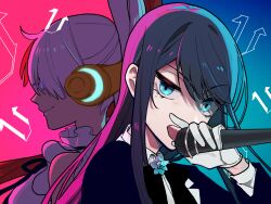 Rule 34 | 2girls, ado (utaite), bare shoulders, black bow, black bowtie, black hair, blue eyes, blue flower, blue jacket, bow, bowtie, chando (ado), closed mouth, cloud nine inc, collared shirt, commentary request, dress shirt, flower, gloves, glowing, glowing eyes, highres, holding, holding microphone, jacket, long hair, looking at viewer, microphone, mole, mole under eye, multicolored hair, multiple girls, one piece, one piece film: red, open mouth, purple eyes, red hair, riseno, shadow, shirt, sidelocks, teeth, two-tone hair, upper body, upper teeth only, uta (one piece), utaite, voice actor connection, white gloves, white hair, white shirt
