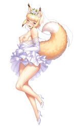 Rule 34 | 1girl, :d, animal ears, bare legs, bare shoulders, blonde hair, blush, bow, breasts, bridal veil, brigitte (taimanin asagi), commentary, dress, elbow gloves, flower wreath, fox ears, fox girl, fox tail, frilled dress, frills, full body, gloves, green eyes, half-closed eyes, high heels, highres, knee up, lifting own clothes, medium hair, nipples, no bra, nobushito kuro, open mouth, panties, pussy juice, saliva, simple background, small breasts, smile, solo, tail, tail raised, taimanin (series), taimanin rpgx, underwear, veil, wedding dress, white background, white dress, white footwear, white gloves, white panties