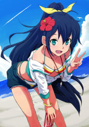 Rule 34 | 1girl, absurdres, animal, aqua eyes, beach, bent over, bikini, bikini under clothes, bird, black hair, blush, bow, bracelet, brand name imitation, breasts, can, cleavage, cloud, collarbone, contrail, cutoffs, day, denim, denim shorts, earrings, fang, flower, ganaha hibiki, hair bow, hair flower, hair ornament, hibiscus, highres, hoop earrings, idolmaster, idolmaster (classic), jewelry, leaning forward, long hair, medium breasts, necklace, ocean, off shoulder, open fly, open mouth, outdoors, pocari sweat, ponytail, shorts, sky, solo, striped bikini, striped clothes, swimsuit, swimsuit under clothes, tsuttsu, unzipped, v, very long hair, water