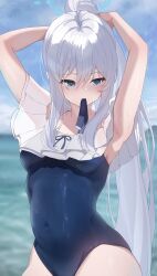 Rule 34 | 1girl, absurdres, adjusting hair, armpits, arms up, blue archive, blue halo, blue one-piece swimsuit, blue sky, blurry, blurry background, blush, breasts, cloud, commentary request, covered navel, day, hair between eyes, halo, highres, long hair, maosame, medium breasts, miyako (blue archive), miyako (swimsuit) (blue archive), mouth hold, ocean, official alternate costume, one-piece swimsuit, outdoors, ponytail, sky, solo, swimsuit, wet, wet clothes, wet hair, wet swimsuit, white hair