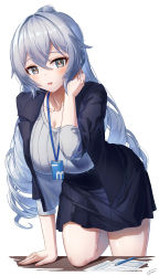 Rule 34 | 1girl, black eyes, black jacket, black skirt, blazer, breasts, bronya zaychik, bronya zaychik (silverwing: n-ex), cleavage, collarbone, grey hair, grey shirt, hand up, highres, honkai (series), honkai impact 3rd, id card, jacket, lanyard, large breasts, leaning forward, long hair, long sleeves, looking at viewer, miniskirt, office lady, open clothes, open jacket, parted lips, pleated skirt, ponytail, ribbed shirt, shirt, simple background, skirt, solo, thighs, very long hair, white background, xfate