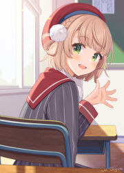 Rule 34 | 1girl, artist name, beret, blunt bangs, blush, braid, chair, chalkboard, classroom, desk, french braid, green eyes, grey jacket, hair ornament, hair rings, hat, highres, indie virtual youtuber, indoors, jacket, light brown hair, long sleeves, looking at viewer, open mouth, pinstripe jacket, pinstripe pattern, pom pom (clothes), pom pom hair ornament, red hat, red sailor collar, sailor collar, school uniform, shigure ui, shigure ui (vtuber), shigure ui (vtuber) (1st costume), short hair, signature, sitting, solo, striped clothes, striped jacket, vertical-striped clothes, vertical-striped jacket, virtual youtuber, waving, window