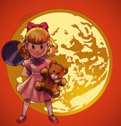 Rule 34 | 1girl, arm behind back, bad id, bad tumblr id, blonde hair, blue eyes, blush stickers, bow, dress, flats, frying pan, hair bow, mother (game), mother 2, nintendo, paula (mother 2), pink dress, robaato, smile, solo, stuffed animal, stuffed toy, teddy bear