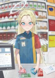 Rule 34 | 1girl, @ @, absurdres, bag, banknote, blue archive, blue eyes, blue shirt, blurry, blush, brand name imitation, cash register, cashier, cigarette pack, collared shirt, commentary, condom box, convenience store, depth of field, display case, durex, embarrassed, feathered wings, forehead, hair ribbon, halo, highres, holding, holding money, hyuzky, id card, indomaret, indonesia, indoors, light brown hair, long hair, looking at viewer, marlboro, mini wings, money, part time job, parted bangs, plastic bag, ribbon, rupiah, shirt, shop, short sleeves, sidelocks, solo, sora (blue archive), standing, store clerk, trembling, two side up, wavy mouth, white wings, wings