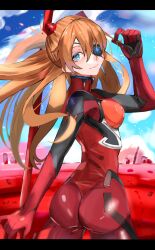 Rule 34 | 1girl, blue eyes, bodysuit, breasts, brown hair, evangelion: 3.0+1.0 thrice upon a time, evangelion: 3.0 you can (not) redo, eyepatch, floating hair, glowing, glowing eyes, highres, interface headset, lance of longinus (evangelion), long hair, looking at viewer, looking back, medium breasts, neon genesis evangelion, plugsuit, polearm, rebuild of evangelion, red bodysuit, shiny clothes, smile, solo, souryuu asuka langley, standing, very long hair, walk43049101art, weapon, wide hips