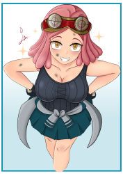 Rule 34 | 1girl, absurdres, black shirt, blush, boku no hero academia, breasts, brown eyes, cleavage, collarbone, gloves, goggles, goggles on head, hatsume mei, highres, laceysx, looking at viewer, medium breasts, medium hair, pink hair, shirt, skirt, sleeveless, smile, solo, tied shirt
