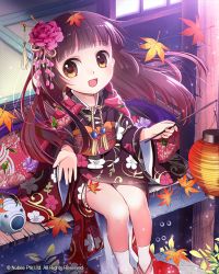 Rule 34 | 1girl, autumn leaves, brown eyes, brown hair, japanese clothes, lantern, long hair, looking at viewer, open mouth, original, sitting, smile, solo, tin (wsp85205)