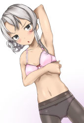 Rule 34 | 10s, 1girl, arm up, armpits, asymmetrical hair, black pantyhose, bow, bow bra, bow panties, bra, dutch angle, grey eyes, kantai collection, lace, lace-trimmed bra, lace-trimmed panties, lace trim, myu-po, nowaki (kancolle), panties, panties under pantyhose, pantyhose, pink bra, pink panties, silver hair, solo, standing, underwear, underwear only, white background