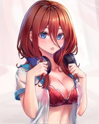 Rule 34 | 1girl, artist name, blue eyes, blush, bra, breasts, brown hair, cleavage, collarbone, colored eyelashes, commentary, english commentary, enma (enmanuelart), go-toubun no hanayome, hair between eyes, hands up, headphones, headphones around neck, highres, long hair, looking at viewer, medium breasts, nakano miku, open clothes, open shirt, parted lips, pink lips, plaid, plaid bra, red bra, see-through, shirt, short sleeves, solo, stomach, underwear, upper body, white shirt