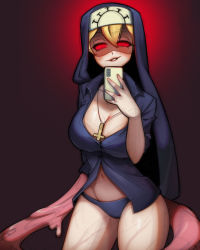 Rule 34 | 1girl, alternate costume, blank eyes, blonde hair, breasts, bubene, cellphone, contemporary, cowboy shot, cross, cross necklace, double (skullgirls), highres, jewelry, large breasts, navel, necklace, nun, panties, parted lips, phone, red background, red eyes, selfie, skullgirls, smartphone, smile, solo, underwear, veins