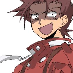 Rule 34 | 00s, 1boy, artist request, brown hair, buttons, face, gloves, lloyd irving, looking at viewer, lowres, male focus, oekaki, open mouth, red gloves, ribbon, short hair, simple background, solo, spiked hair, surprised, suspenders, tales of (series), tales of symphonia