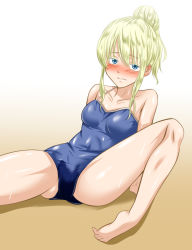 Rule 34 | 10s, 1girl, arm support, asobi asobase, barefoot, blonde hair, blue one-piece swimsuit, blush, breasts, collarbone, ear blush, embarrassed, female focus, gradient background, hair bun, half-closed eyes, have to pee, keitoku, knee up, looking at viewer, medium breasts, nose blush, olivia (asobi asobase), one-piece swimsuit, peeing, peeing self, shiny clothes, shiny skin, simple background, single hair bun, sitting, solo, spaghetti strap, spread legs, swimsuit, tears, wet, wet clothes, white background, yellow background