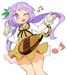Rule 34 | 1girl, beamed eighth notes, biwa lute, blush, brown dress, chain, dress, eighth note, feet out of frame, flower, hair flower, hair ornament, ini (inunabe00), instrument, knees together feet apart, long hair, long sleeves, low twintails, lute (instrument), musical note, one eye closed, open mouth, purple eyes, purple hair, simple background, smile, solo, touhou, tsukumo benben, twintails, white background, white flower