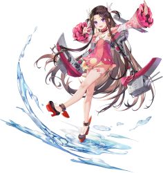 Rule 34 | 1girl, artist request, bare legs, blue oath, blush, brown hair, rabbit hair ornament, crescent, crescent cutout, detached sleeves, dress, fang, frilled sleeves, frills, hair ornament, high heels, highres, leg up, long hair, long sleeves, ning hai (blue oath), official art, open mouth, pink dress, purple eyes, rigging, rudder footwear, short dress, sidelocks, solo, thigh strap, transparent background, two side up, w, water