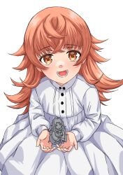 Rule 34 | 1girl, absurdres, brown eyes, brown hair, child, dress, from above, happy, highres, juliette (mushoku tensei), long hair, long sleeves, looking at viewer, matching hair/eyes, mushoku tensei, open mouth, simple background, smile, solo, statue, syagare, teeth, tongue, upper body, white background, white dress
