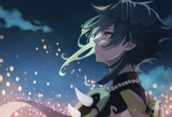 Rule 34 | 1boy, armor, bead necklace, beads, blurry, blurry background, closed mouth, cloud, dated, eyeshadow, genshin impact, green hair, highres, jewelry, makeup, male focus, necklace, night, night sky, outdoors, pauldrons, profile, red eyeshadow, shoulder armor, signature, single pauldron, sky, solo, star (sky), thousand, turtleneck, upper body, xiao (genshin impact), yellow eyes