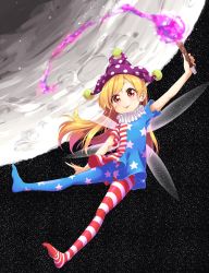 Rule 34 | 1girl, :p, american flag dress, american flag legwear, blonde hair, clownpiece, dress, fairy wings, fire, full body, hat, highres, jester cap, ksk (semicha keisuke), long hair, looking at viewer, moon, neck ruff, no shoes, pantyhose, polka dot, red eyes, short dress, short sleeves, solo, star (symbol), star print, striped clothes, striped dress, striped pantyhose, tongue, tongue out, torch, touhou, wings