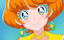 Rule 34 | 1girl, blue background, blue eyes, blush, choker, close-up, closed mouth, colored eyelashes, cure papaya, damascus (dearigazu2001), earrings, food-themed earrings, heart, heart in eye, highres, ichinose minori, jewelry, mismatched eyelashes, multicolored eyes, orange hair, portrait, precure, short hair, simple background, solo, split mouth, symbol in eye, tropical-rouge! precure, yellow choker, yellow eyes
