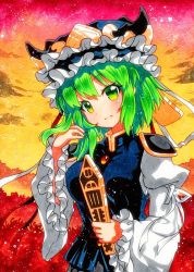 Rule 34 | 1girl, :d, bad id, bad pixiv id, black skirt, blue hat, blue vest, breasts, brooch, frilled hat, frilled sleeves, frills, green eyes, green hair, hat, head tilt, holding, jewelry, juliet sleeves, long sleeves, looking at viewer, medium hair, multicolored background, open mouth, orange background, outdoors, puffy sleeves, qqqrinkappp, ribbon, rod of remorse, shadow, shiki eiki, skirt, small breasts, smile, solo, touhou, traditional media, vest, white ribbon, wide sleeves, yellow background