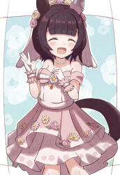 Rule 34 | 1girl, :d, ^ ^, animal ears, bare shoulders, black hair, blush, bridal veil, bride, closed eyes, collarbone, commentary request, dress, facing viewer, flower, gloves, hair flower, hair ornament, hands up, highres, horse ears, horse girl, horse tail, jewelry, layered dress, necklace, nishino flower (sweet juneberry) (umamusume), nishino flower (umamusume), open mouth, pearl necklace, pink dress, pink flower, pink rose, pleated dress, rose, smile, solo, strapless, strapless dress, sunanuko (ramuneko), tail, umamusume, veil, wedding dress, white gloves, yellow flower, yellow rose