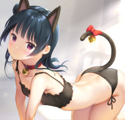 Rule 34 | 1girl, :t, all fours, animal ears, bare arms, bare legs, bare shoulders, bell, black bra, black panties, blue hair, blunt bangs, bra, breasts, butt crack, cat cutout, cat ear panties, cat ears, cat lingerie, cat tail, choker, cleavage cutout, clothing cutout, collar, collarbone, commentary request, frilled bra, frills, hair bun, jingle bell, lingerie, long hair, looking at viewer, love live!, love live! sunshine!!, meme attire, mignon, neck bell, panties, paw print, purple eyes, side bun, single hair bun, single side bun, small breasts, solo, stomach, sulking, tail, tsushima yoshiko, underwear, underwear only