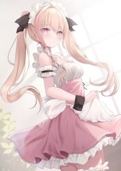 Rule 34 | 1girl, ahoge, apron, arisu tina, black wrist cuffs, blonde hair, commentary, commission, frilled skirt, frills, high-waist skirt, highres, indie virtual youtuber, kurage cc, long hair, looking at viewer, maid headdress, multicolored hair, pink eyes, pink hair, pink skirt, skeb commission, skirt, solo, streaked hair, symbol-only commentary, twintails, virtual youtuber, white apron, wrist cuffs