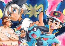 Rule 34 | 1girl, 3boys, ash ketchum, baseball cap, bea (pokemon), black hair, blue eyes, blue jacket, bow hairband, brown eyes, brown hair, chuck (pokemon), clenched hand, closed mouth, collared shirt, commentary request, creatures (company), crossed arms, eyelashes, facial hair, game freak, gen 4 pokemon, gen 8 pokemon, goh (pokemon), grapploct, grey hair, grey shirt, hair between eyes, hairband, hat, highres, jacket, multiple boys, mustache, navel, nintendo, oka mochi, open mouth, pink background, pointing, pokemon, pokemon (anime), pokemon (creature), pokemon journeys, raboot, riolu, shirt, short hair, sleeveless, sleeveless jacket, sobble, teeth, tongue, topless male, traditional media, upper teeth only, white shirt, wristband