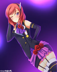 Rule 34 | 1girl, a-rise, black gloves, black hairband, cosplay, dated, elbow gloves, flower, from below, garter straps, gloves, hair flower, hair ornament, hairband, hand in own hair, hand on own hip, highres, looking at viewer, love live!, love live! school idol festival, love live! school idol project, nishikino maki, one eye closed, purple eyes, red flower, red hair, solo, thighhighs, todo erena (cosplay), todo erena, yu-ta