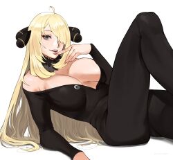 Rule 34 | 1girl, absurdres, ahoge, black pants, black shirt, blonde hair, breasts, cleavage, commentary, creatures (company), cynthia (pokemon), english commentary, fur collar, game freak, grey eyes, hair ornament, hair over one eye, highres, joy boy, knees up, large breasts, lips, long hair, long sleeves, lying, nintendo, off shoulder, on back, pants, parted lips, pokemon, pokemon dppt, shirt, simple background, solo, white background
