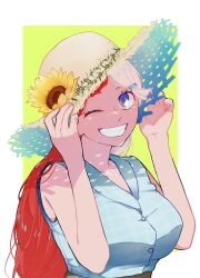 Rule 34 | 1girl, adjusting clothes, adjusting headwear, arms up, blue eyes, blue shirt, flower, hair ornament, hairclip, hat, hat flower, heart blody, highres, long hair, looking at viewer, multicolored hair, one eye closed, one piece, one piece film: red, red hair, shirt, sleeveless, smile, straw hat, sunflower, teeth, two-tone hair, upper body, uta (one piece), white hair