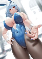 Rule 34 | 1girl, absurdres, animal ears, bare shoulders, black pantyhose, blue eyes, blue hair, blue leotard, blue nails, blurry, blurry background, breasts, cleavage, commentary, commission, covered erect nipples, covered navel, cowboy shot, fake animal ears, hair between eyes, hand on own hip, highleg, highleg leotard, highres, huge breasts, large breasts, last origin, leotard, looking at viewer, nail polish, open mouth, outstretched hand, pantyhose, playboy bunny, red eyes, shadow, shiny clothes, short hair, signature, solo, teddyellow, thighs, titania frost, toned, underboob, wrist cuffs