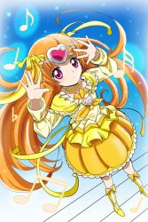 Rule 34 | 10s, 1girl, aitaso, beamed quavers, boots, bow, brooch, bubble skirt, choker, circlet, cure muse, cure muse (yellow), dress, flat sign, frills, hair ribbon, heart, jewelry, knee boots, long hair, magical girl, musical note, orange hair, precure, purple eyes, quaver, ribbon, shirabe ako, skirt, smile, solo, suite precure, yellow bow, yellow dress, yellow skirt