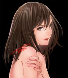 Rule 34 | 1girl, artist name, black background, brown eyes, brown hair, from side, holding own arm, original, parted lips, signature, solo, topless, touzai, upper body